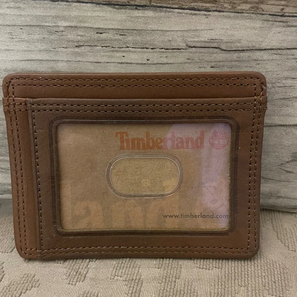Timberland Mens Brown Leather Slim Card Case Wallet with ID Window Logo
